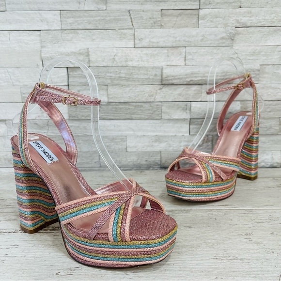 Steve Madden Women’s Laurel Rainbow Glitter Platform Sandals Ankle Strap Size 10 - Picture 1 of 14
